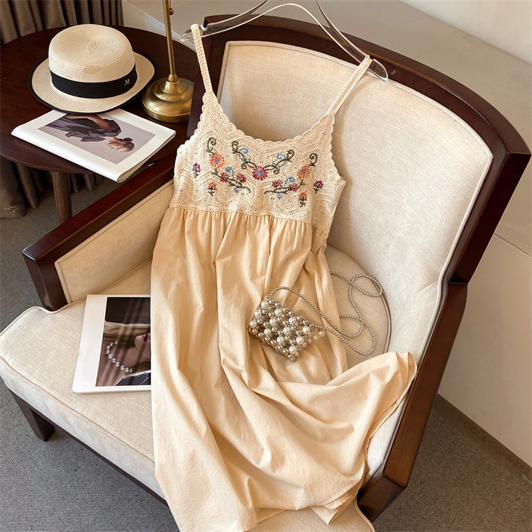 Hollow-out embroidered camisole midi dress