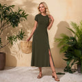 Round neck short sleeve slit midi dress