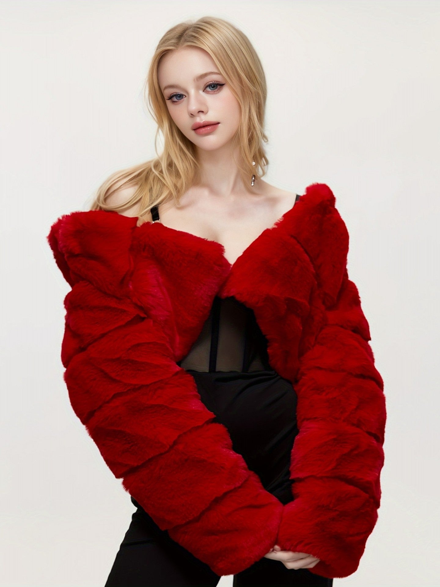 hooded imitation rabbit fur long sleeve spliced jacket