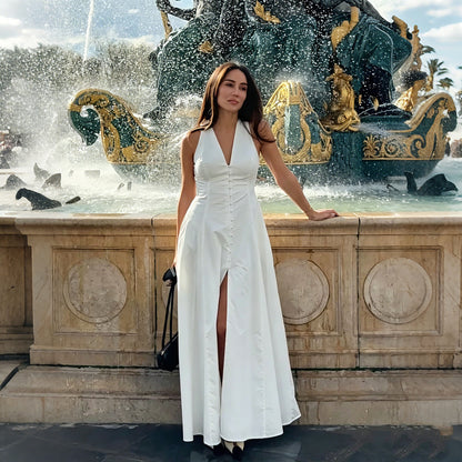 white V-neck slit skirt dress