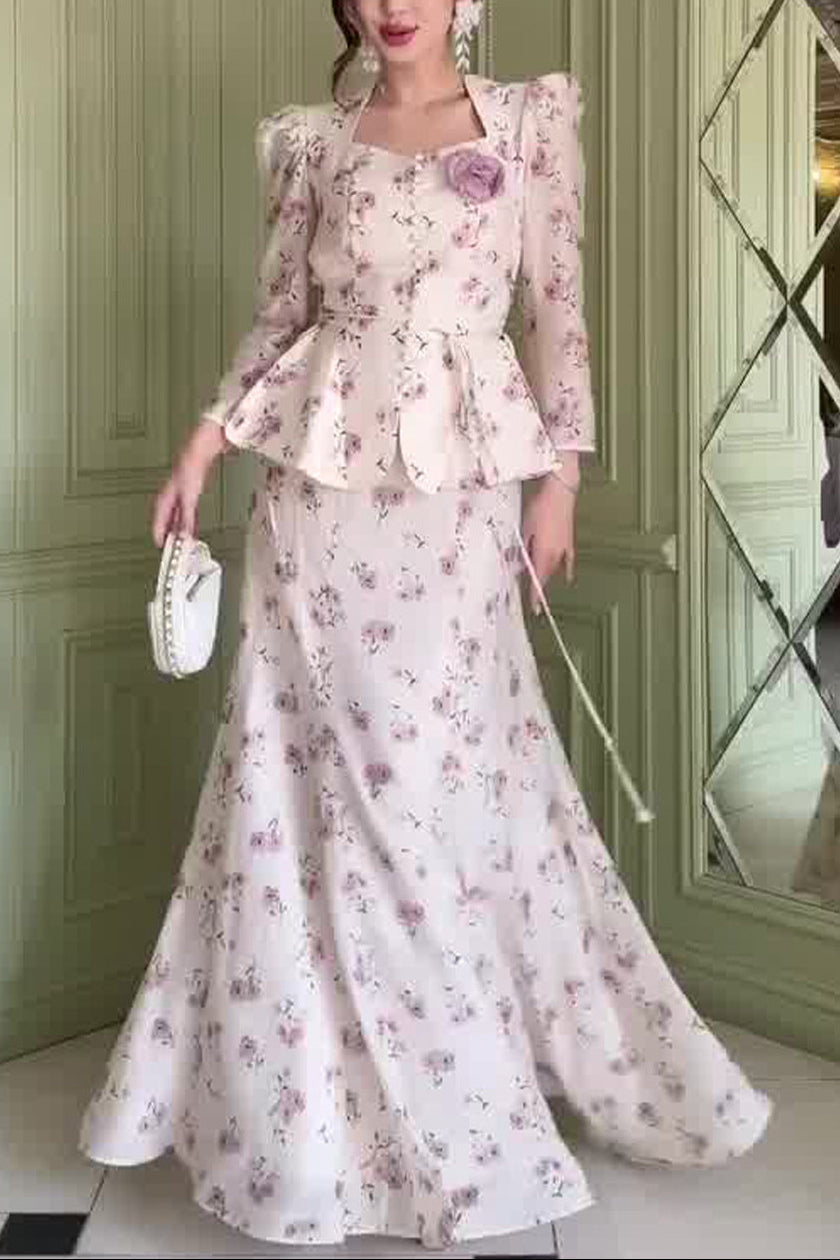 pink Floral Long Sleeve Top Long Skirt