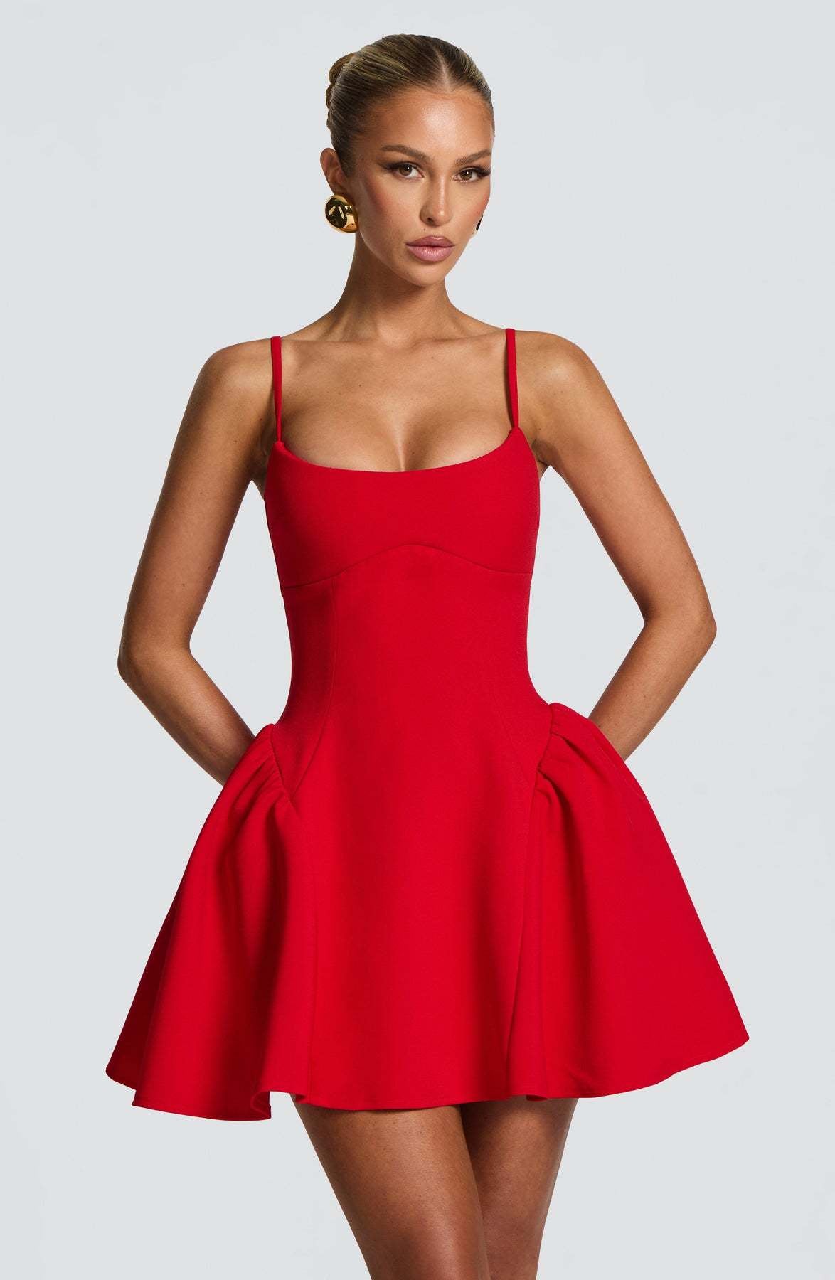 red bandeau open back suspender short puffy dress