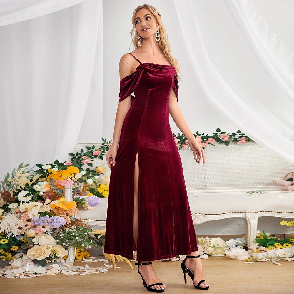 Slit Velvet Off-Shoulder Spaghetti Strap Dress