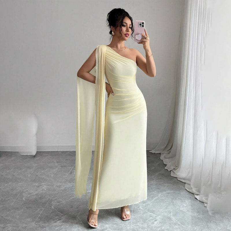 yellow mesh one-shoulder maxi dress