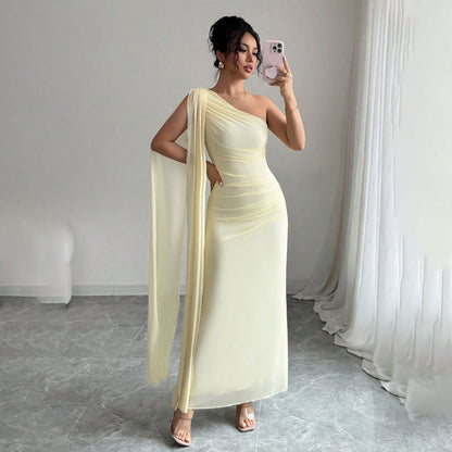yellow mesh one-shoulder maxi dress