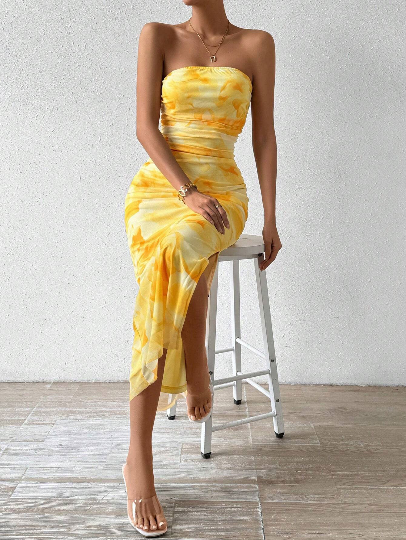 yellow Mesh Print High-Waisted Slit Strapless Bodycon maxi dress