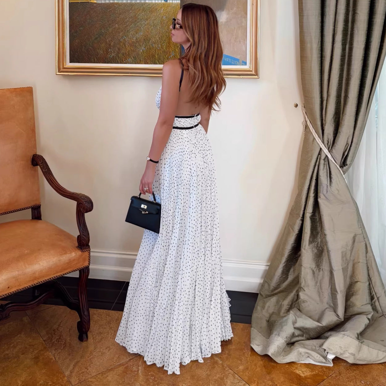 polka dot pleated cinched backless slip dress