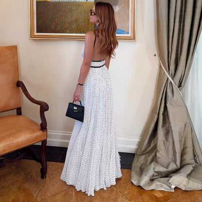 polka dot pleated cinched backless slip dress