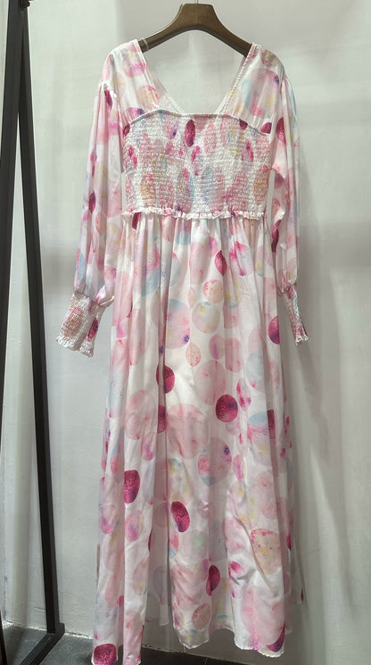 Pink Print V-Neck Elasticated Midi Dress