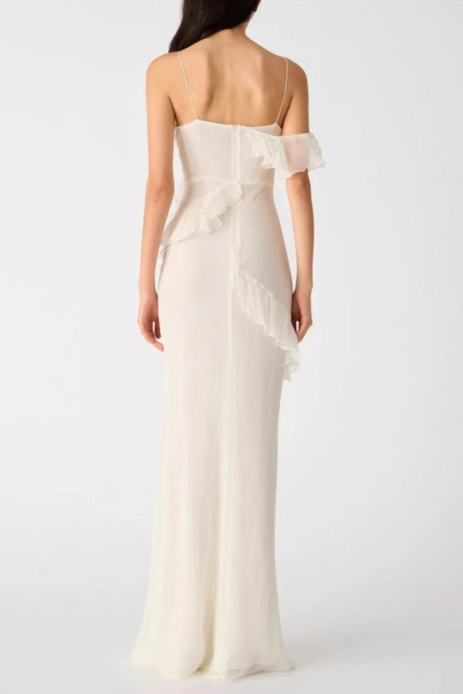 White backless ruffled halter maxi dress