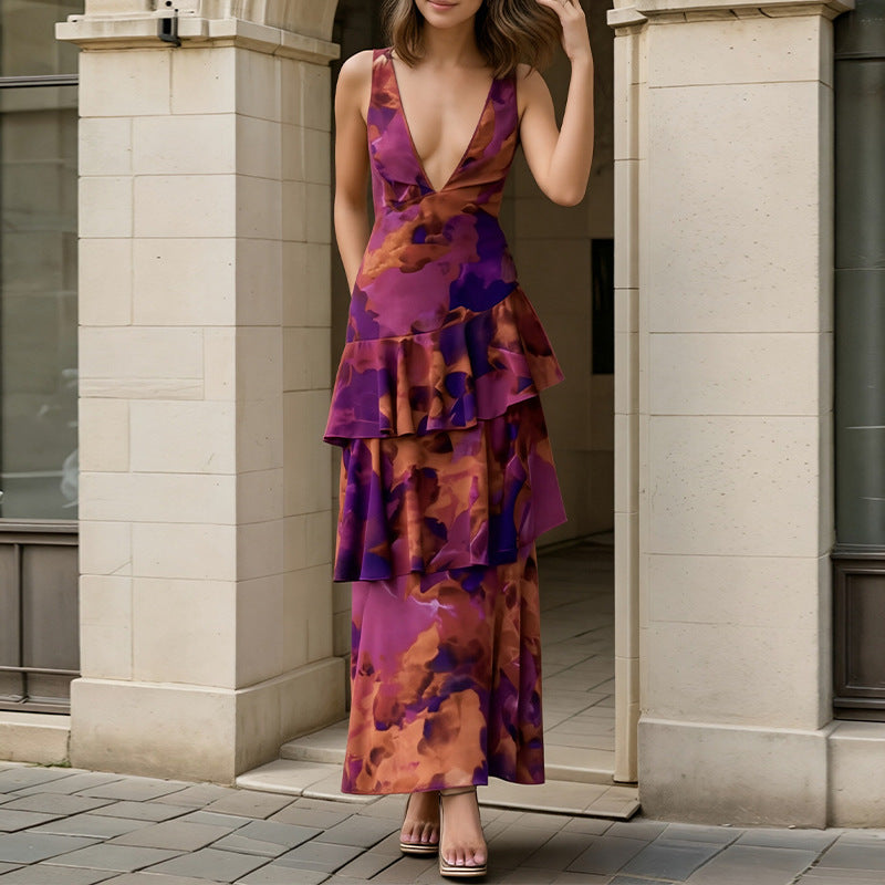 purple V-neck print waist dress