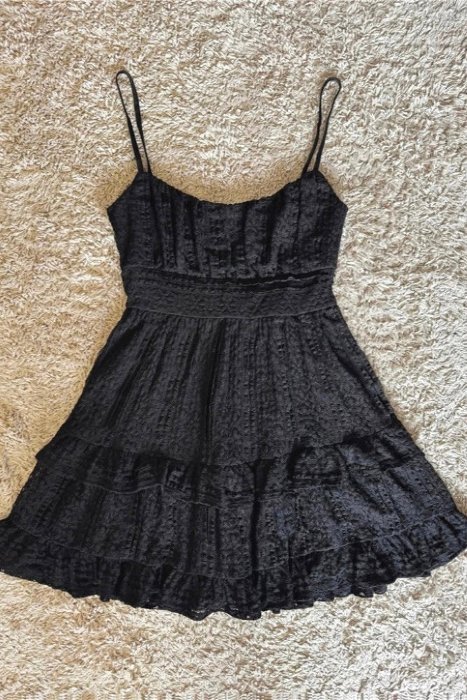 BLACK LACE RUFFLED CINCHED WAIST SLIP DRESS