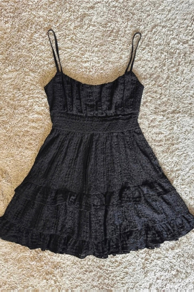 BLACK LACE RUFFLED CINCHED WAIST SLIP DRESS
