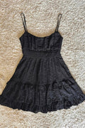 BLACK LACE RUFFLED CINCHED WAIST SLIP DRESS