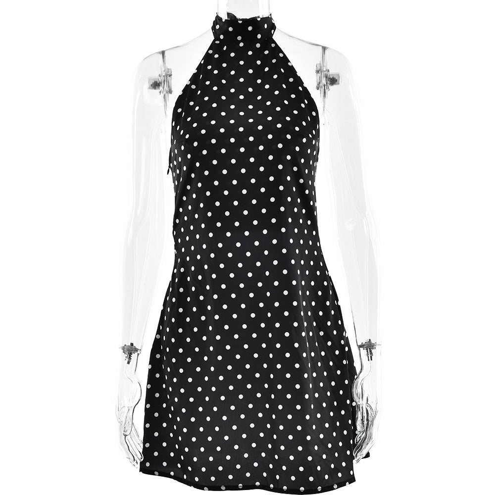 black polka dot round neck sleeveless mini dress
