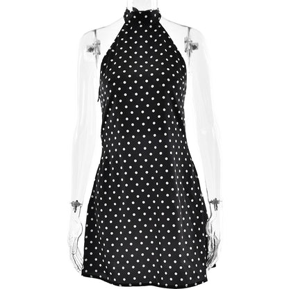 black polka dot round neck sleeveless mini dress