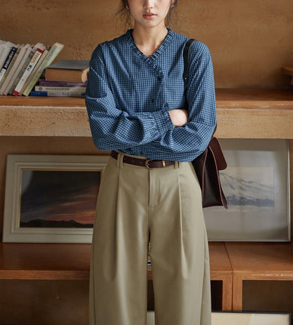 navy blue plaid V-neck ruffled  long-sleeve shirt