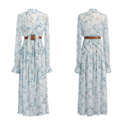 long-sleeved chiffon floral print maxi dress - pale blue