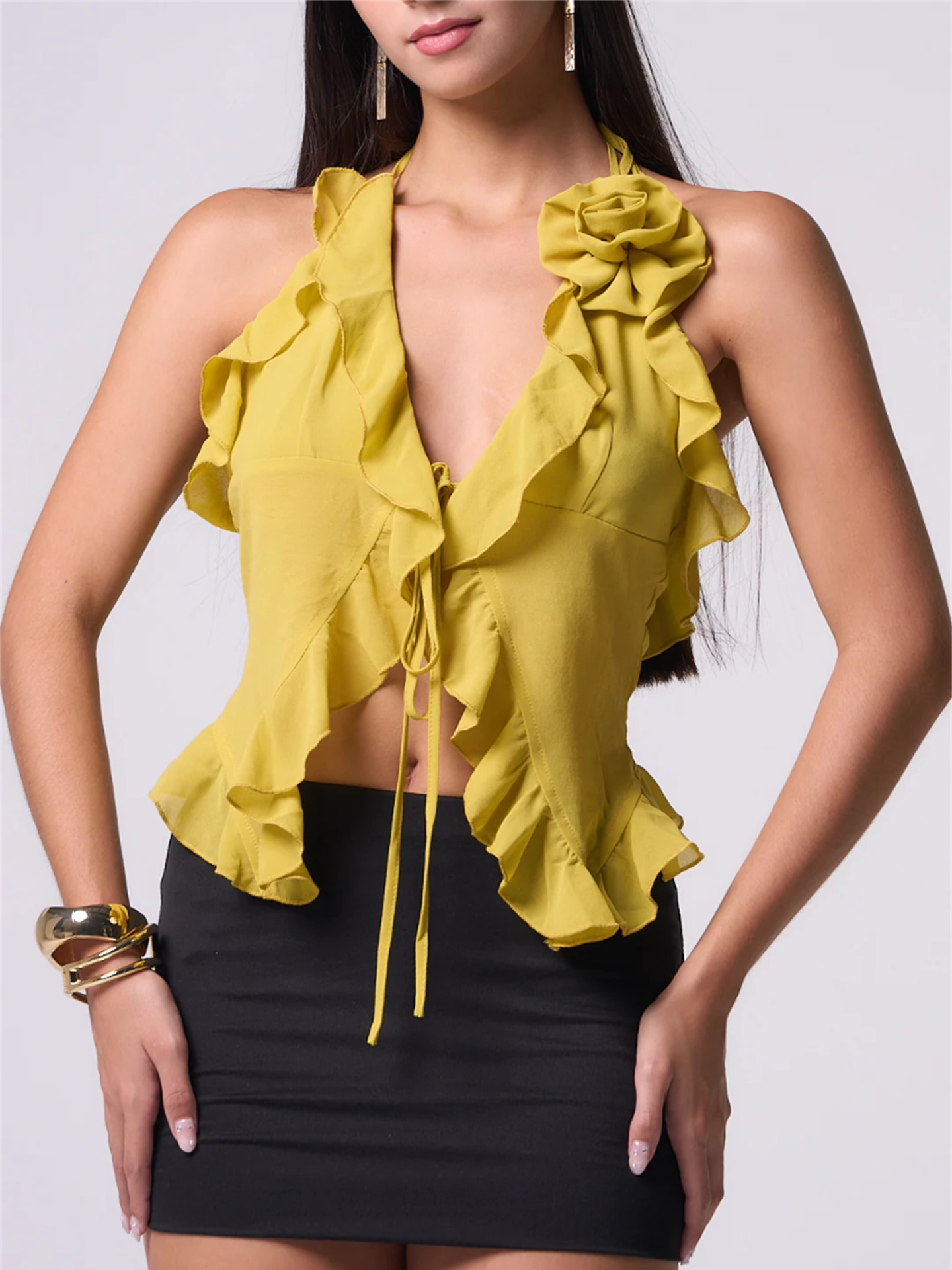 Yellow Chiffon Halterneck Ruffled Small Top