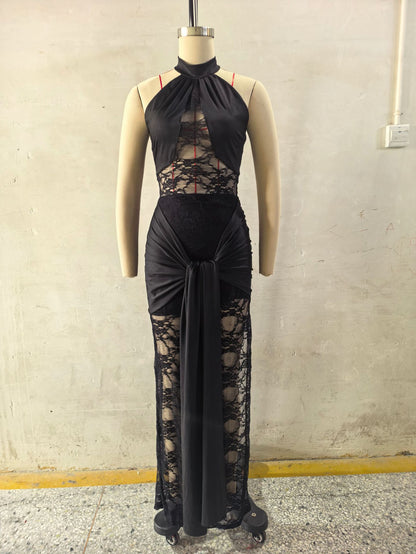 black slit lace spliced halterneck backless dress