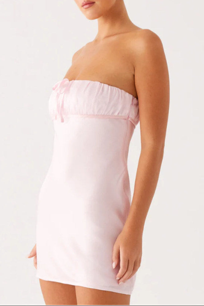 ballet pink bandeau lace-up pleated dress