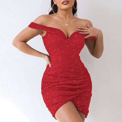 red Off-the-shoulder V-neck stretch sequined slim-fit dress