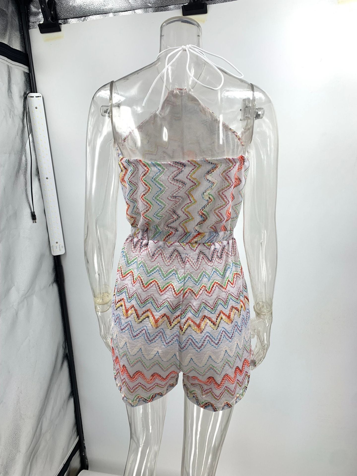 Print Colorful Wave Open Back Halterneck Slit Jumpsuit