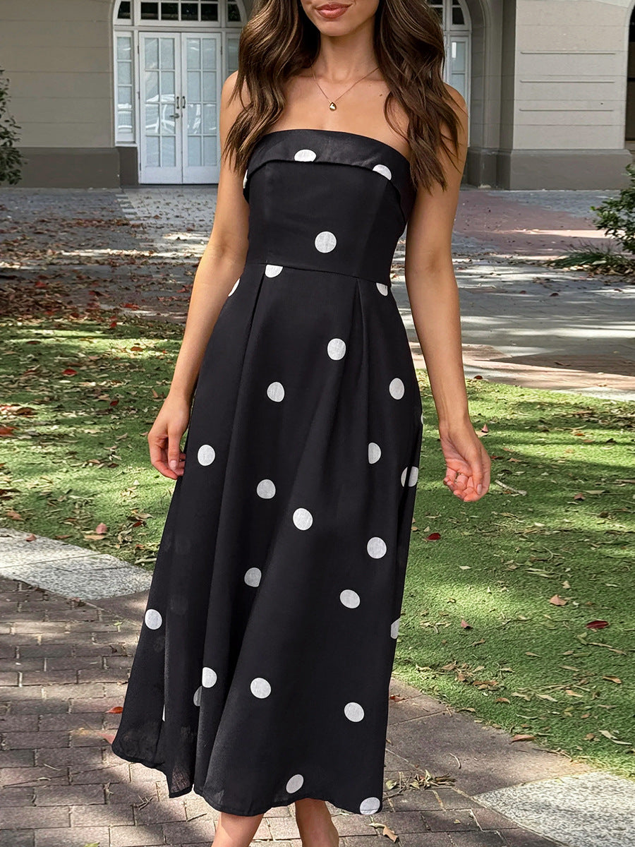 black polka dot bandeau midi dress