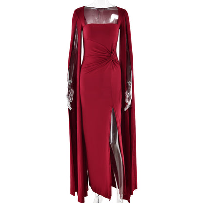 red square neck long sleeve high slit dress