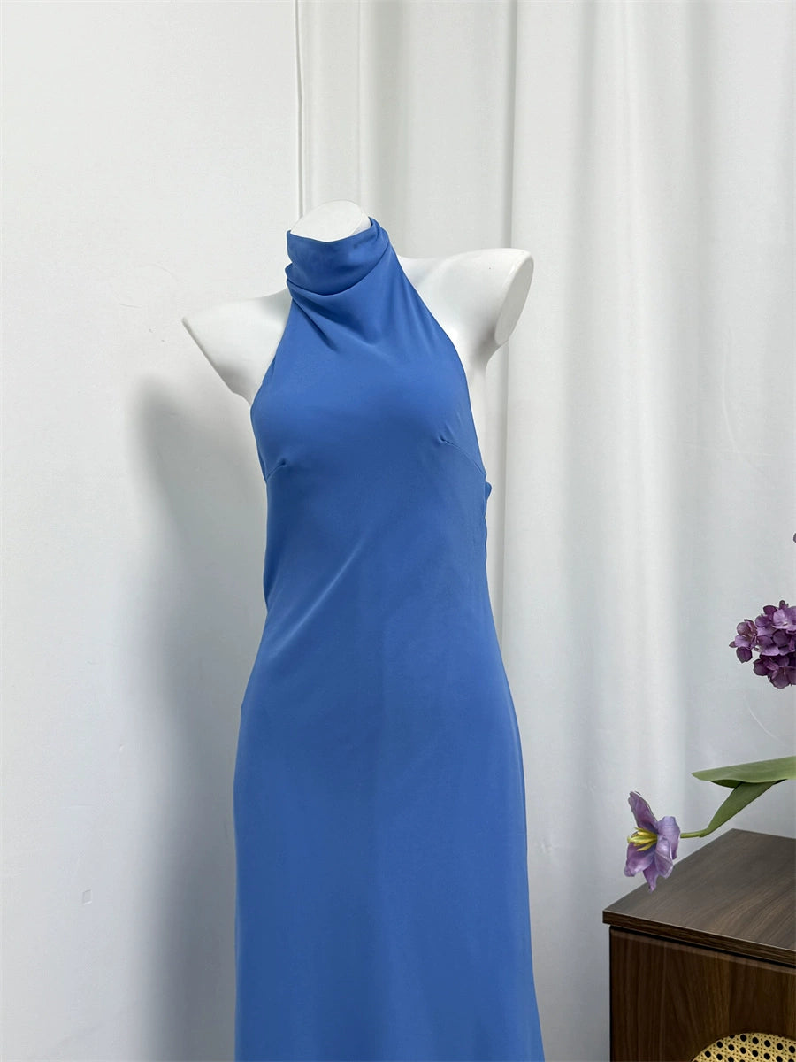 blue shoulder open back dress