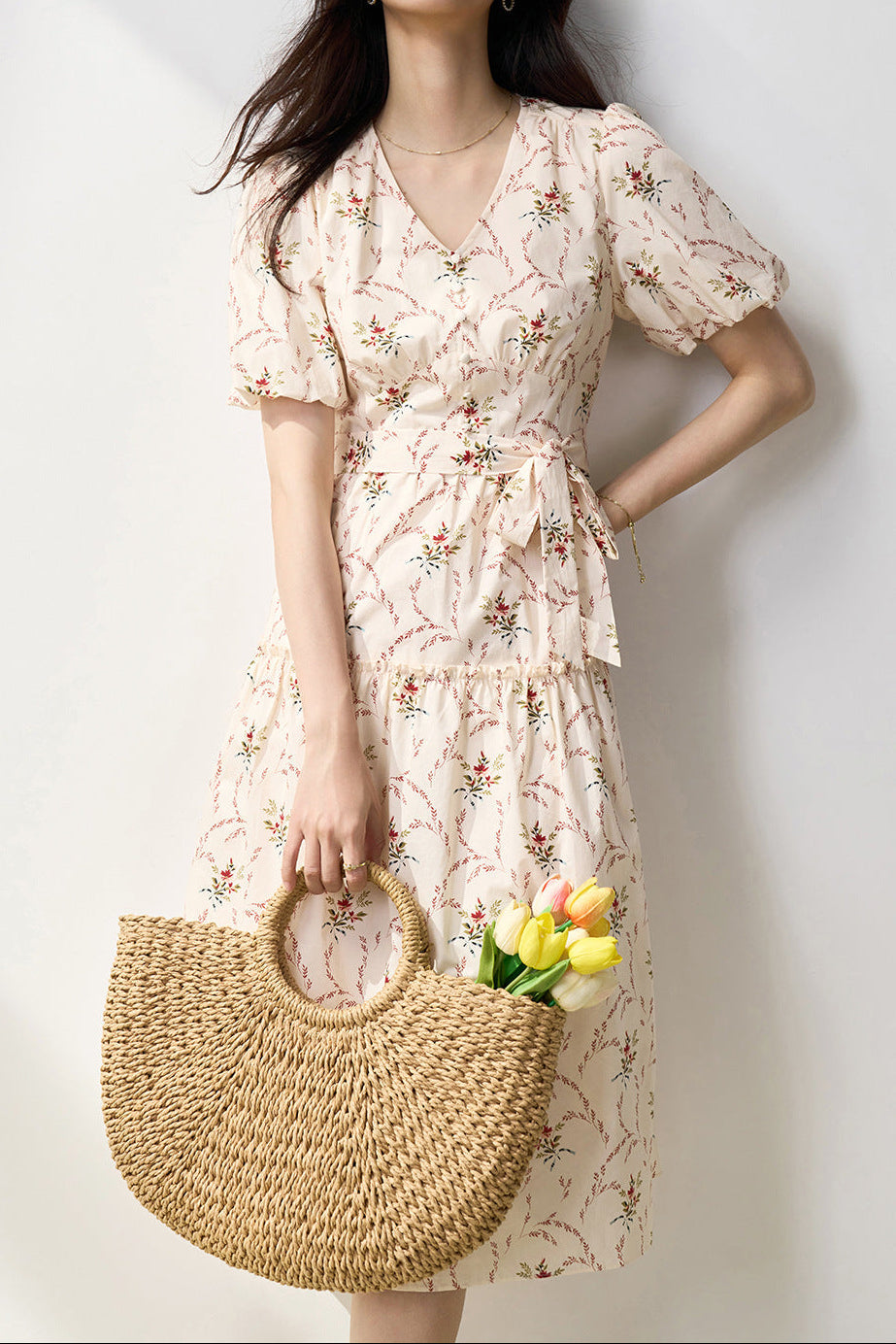Retro V-neck puff sleeve printed tea maxi dress