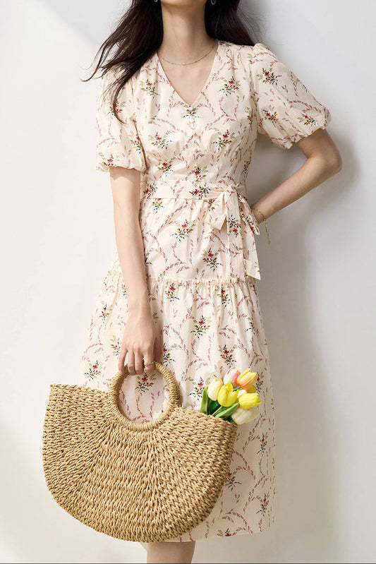 Retro V-neck puff sleeve printed tea maxi dress