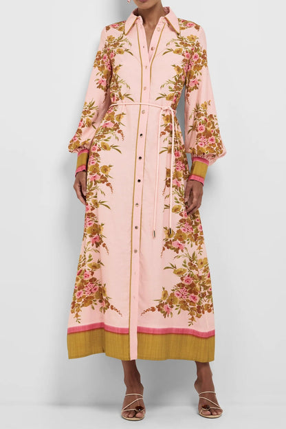 Collared lantern Long-Sleeved floral print Vacation Maxi Dress - pink