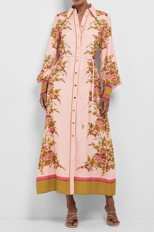 Collared lantern Long-Sleeved floral print Vacation Maxi Dress - pink