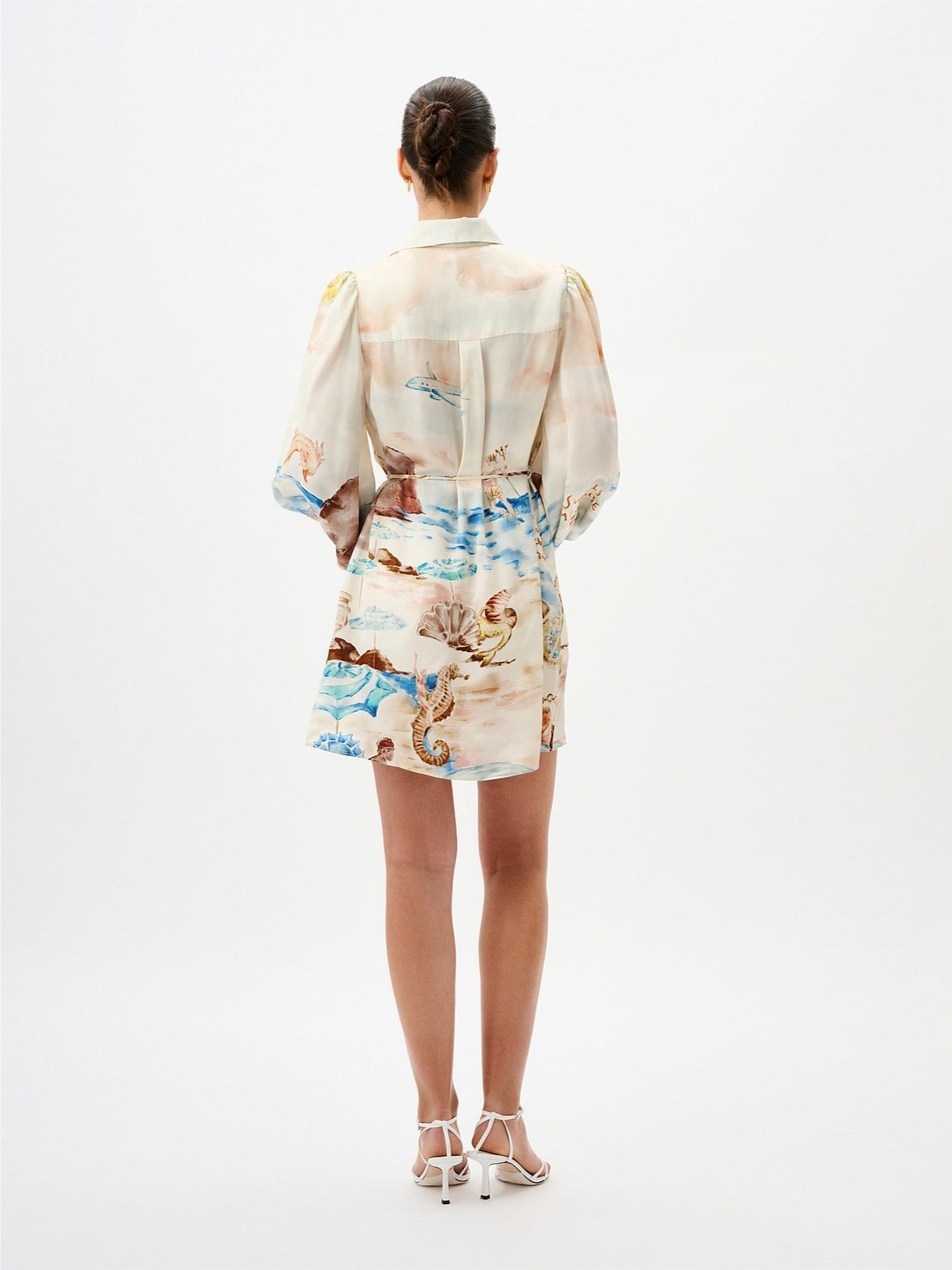 Printed puff long-sleeved collared mini dress