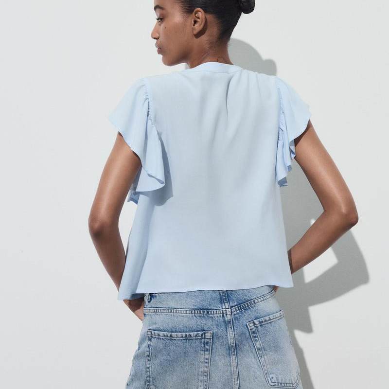 blue Hollow Embroidered Layered Lapel Short-Sleeve Shirt