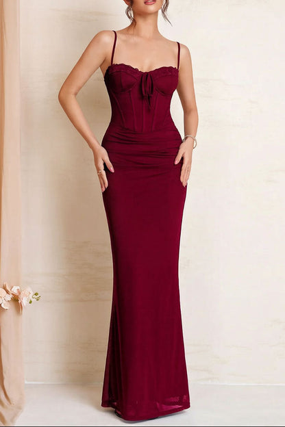 red wine suspender mesh lace patchwork lace-up pleated dress