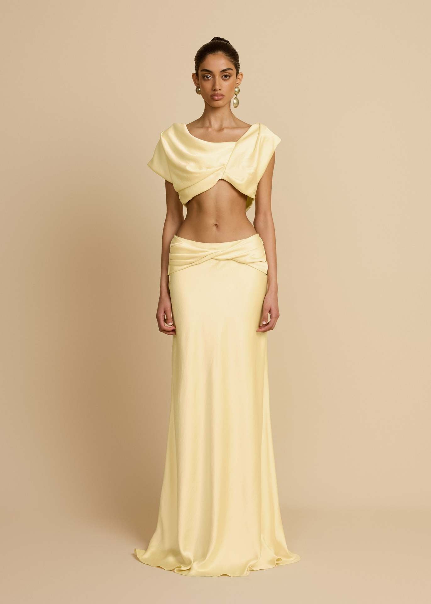 yellow pleated geometric splicing shape bandeau skirt suit