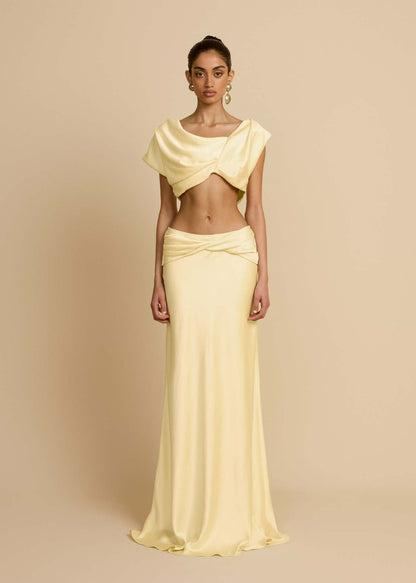 yellow pleated geometric splicing shape bandeau skirt suit