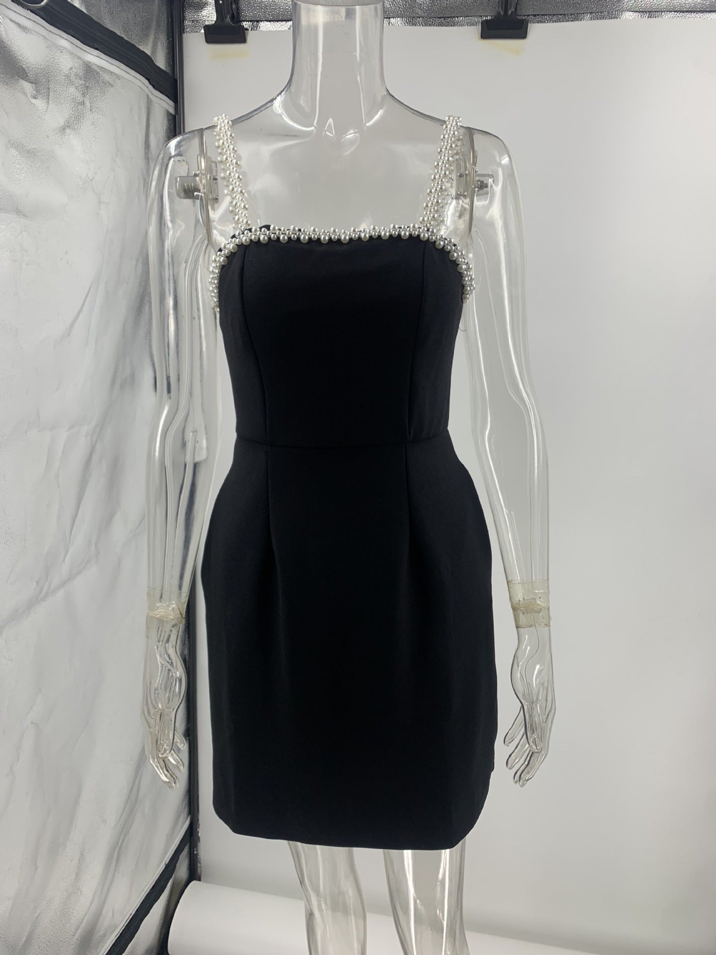 Black Beaded Mini Dress - Embellished Suspender Party Dress