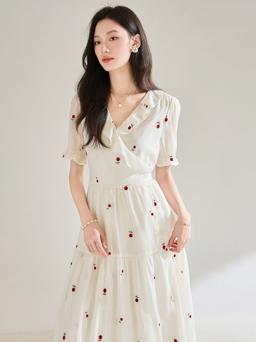 3D Embroidered V-neck Ruffled maxi Dress - white