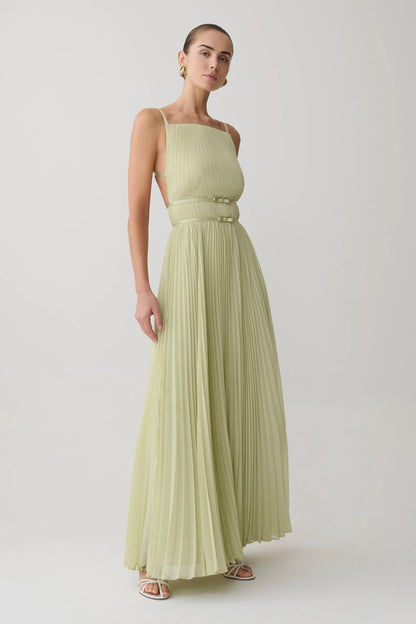 yellow pleated cinched backless slip dress