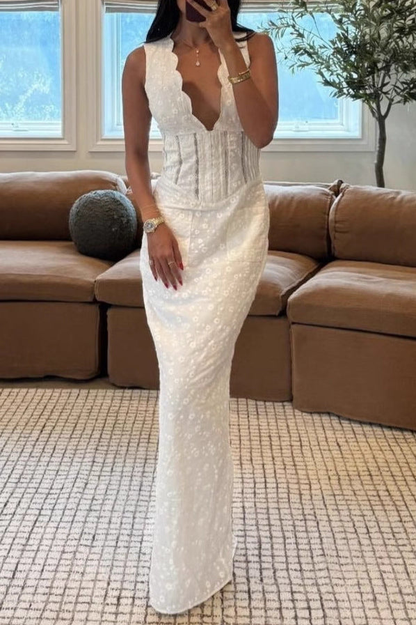 flora white Hollow-out deep V-neck bodycon slit dress