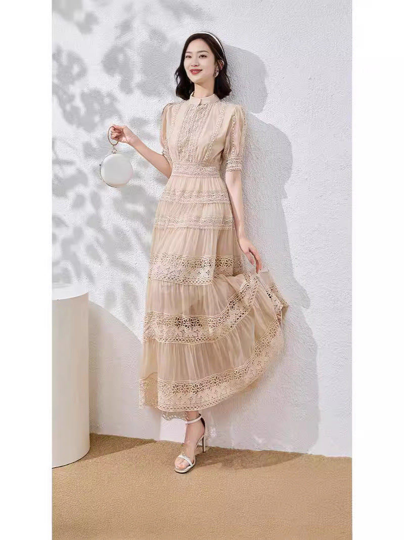 French-style lace-trimmed mesh maxi dress