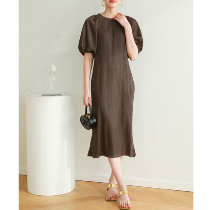 Pleated pastoral style bubble short-sleeved midi dress