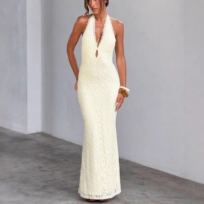 yellow lace hip lace-up halterneck maxi dress