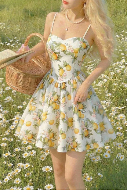 Lemon Bow Floral Suspender Waist Open Back  Dress
