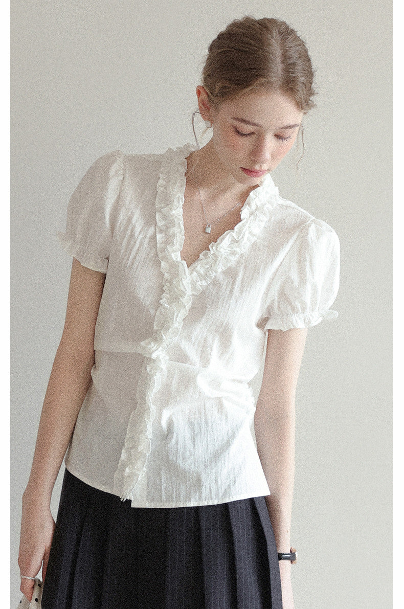 Puff sleeve ruffled V-neck short-sleeved shirt