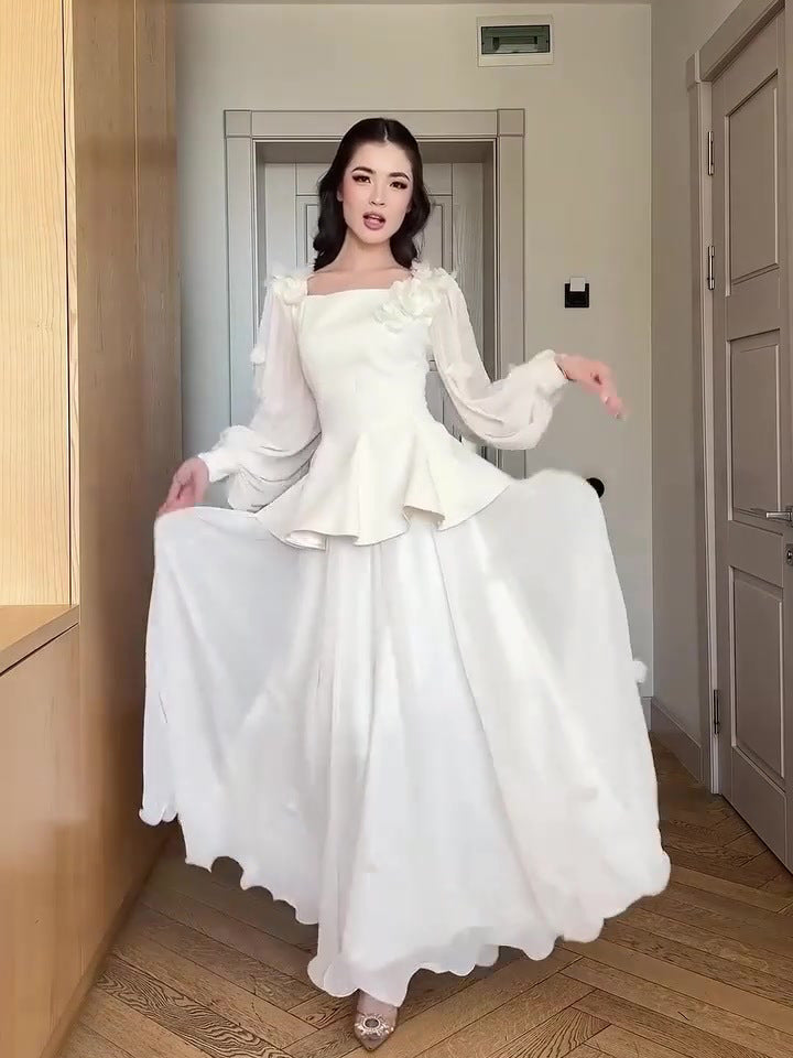 white long-sleeved maxi dress