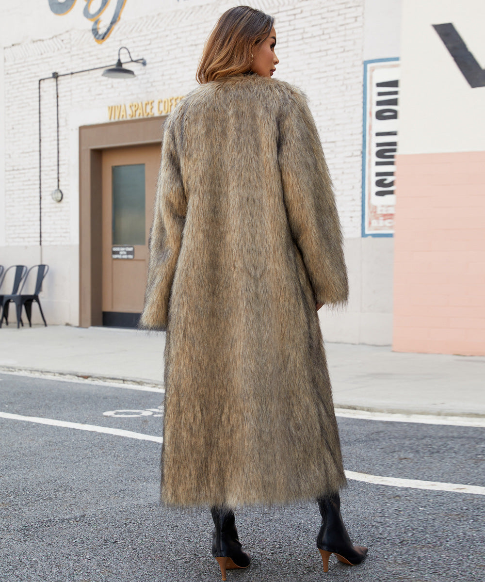 verna V-neck long imitation fur coat